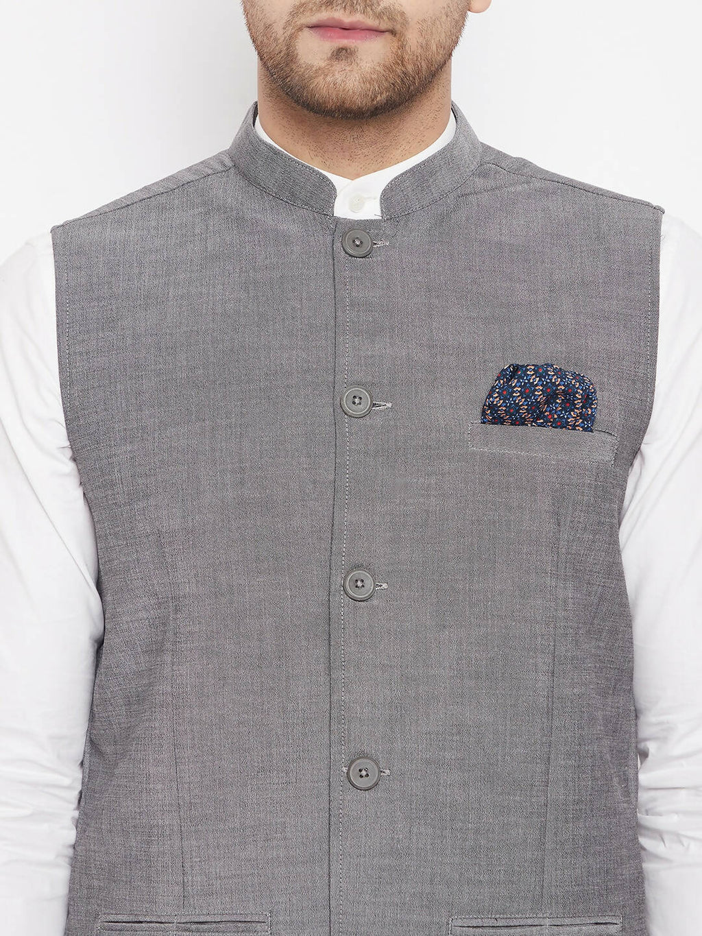 Even Apparels Grey Merino Men's Nehru Jacket-Contrast Lining-Free Pocket Square PW690 - Distacart