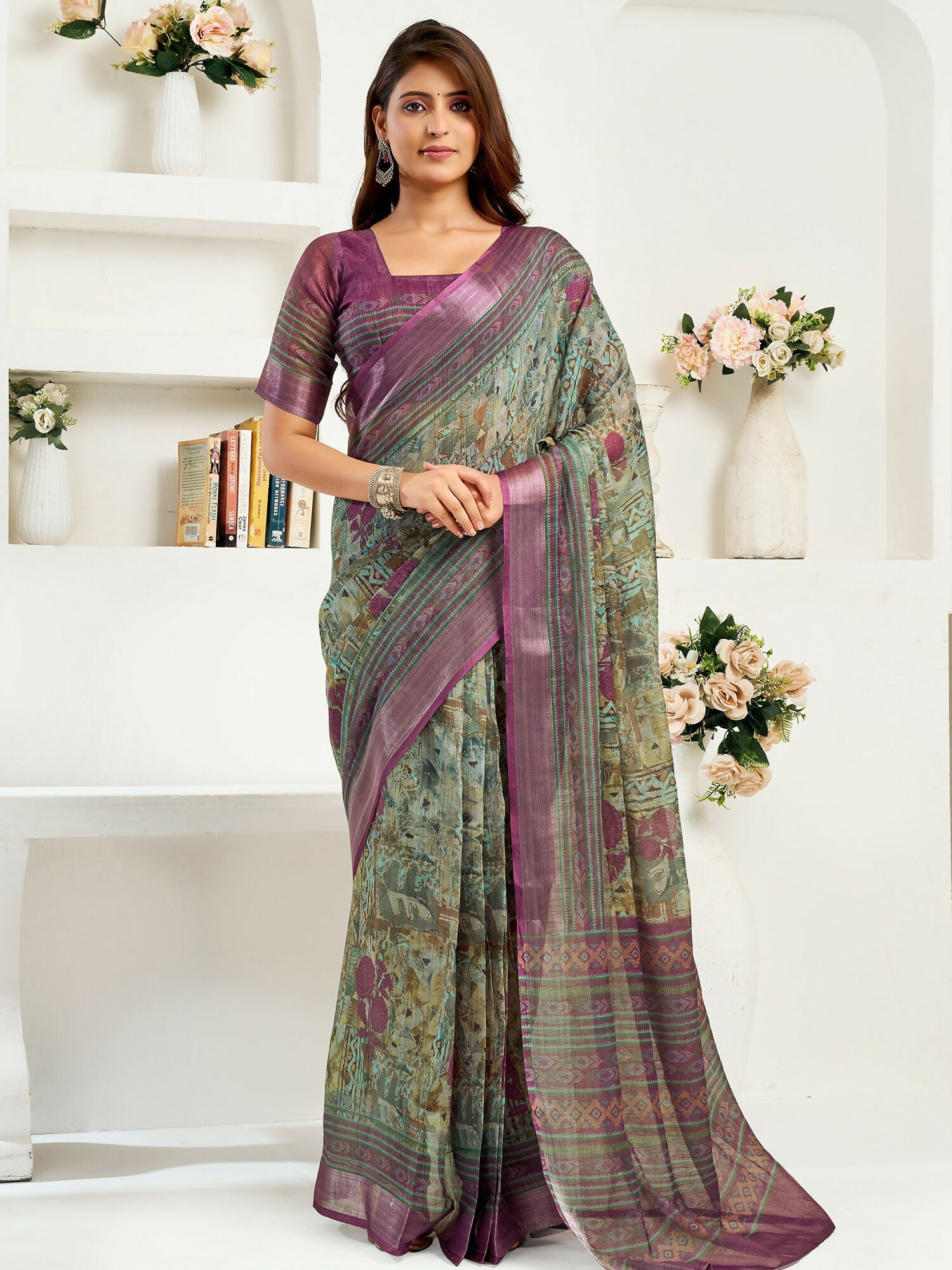 Joban Fashion Multicoloured Ikkat & Floral Linen Ready To Wear Saree With Unstitched Blouse - Distacart