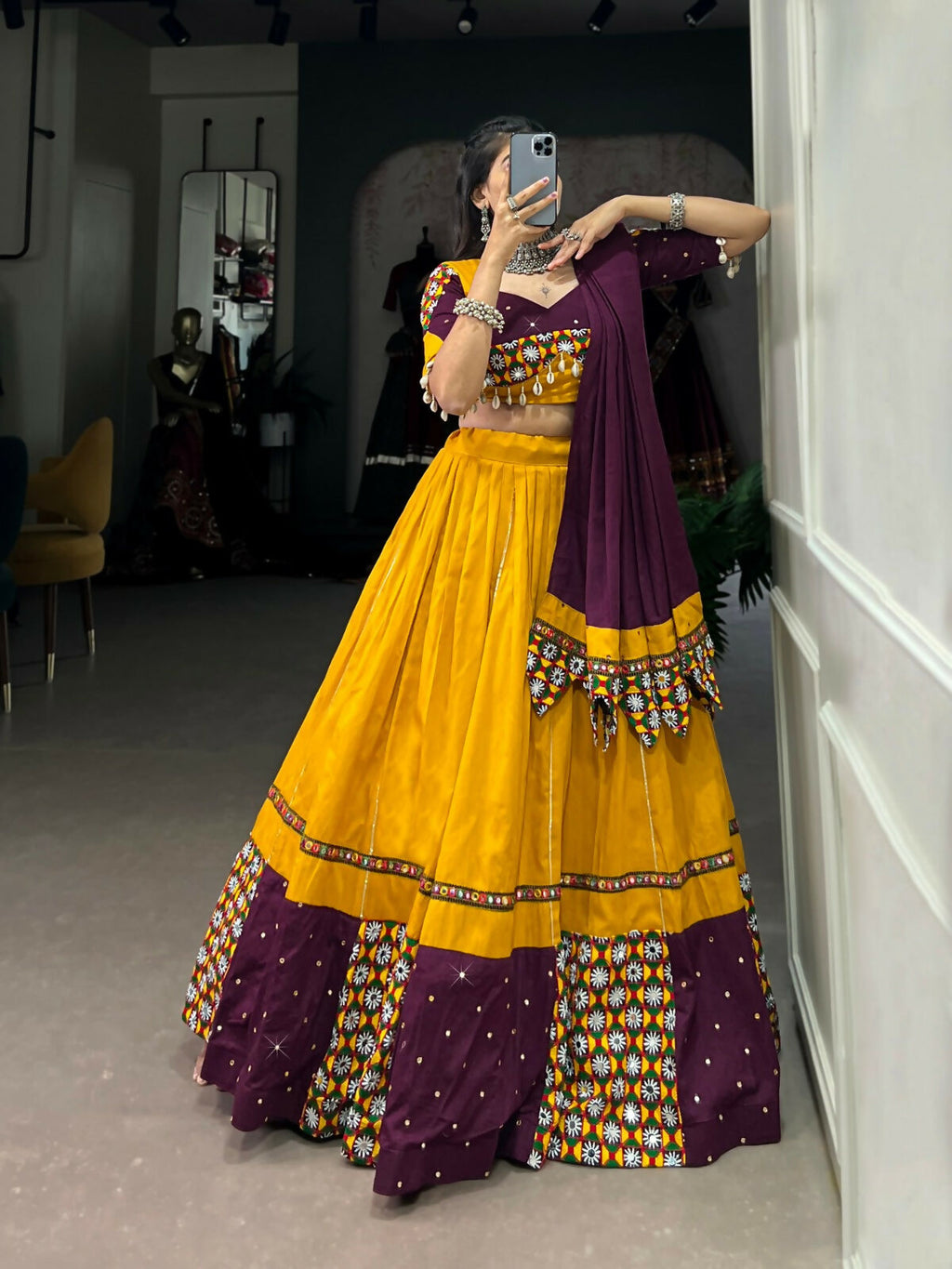 Vastranavya Navaratri Special Pure Cotton Paper Mirror Handwork With Gamthi Work With Gota Patti Touch Up Lehenga with Stitched Blouse - Mustard