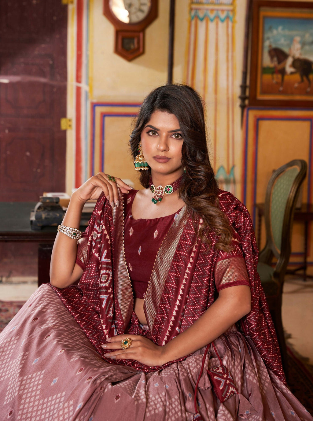 Vastranavya Occasionaly Tussar Silk Dot And Ikkat Print With Foil Work Lehenga Choli - Maroon