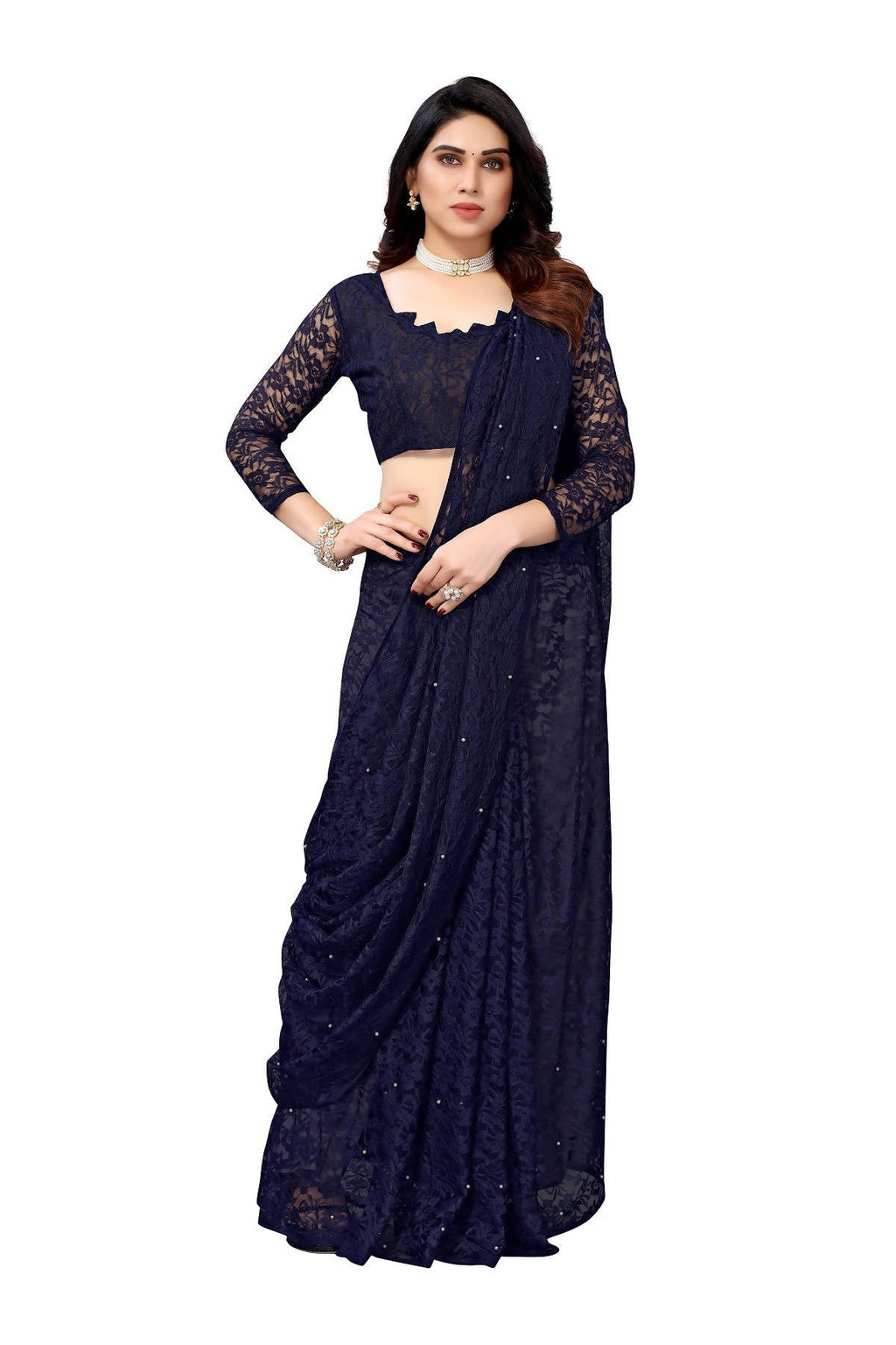 Vamika Ethnic Fire Navy Pearls Net Saree - Distacart