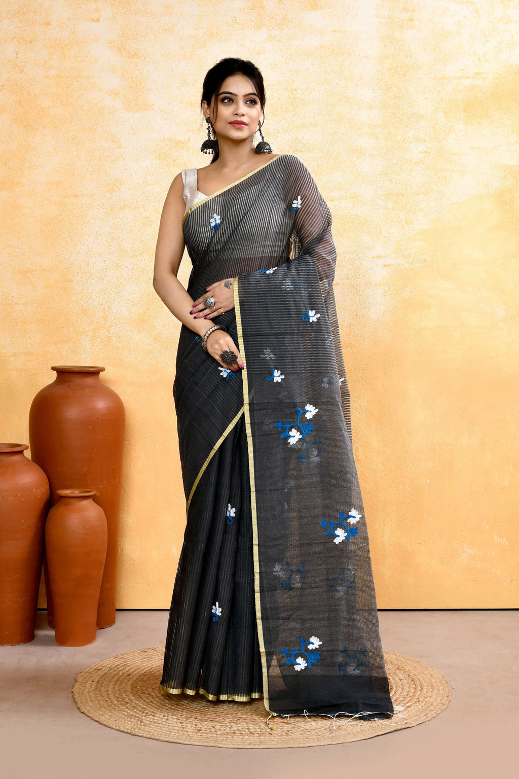 Piyari Fashion Women's Grey Embellished Cotton Blend Embroidery Saree - Distacart