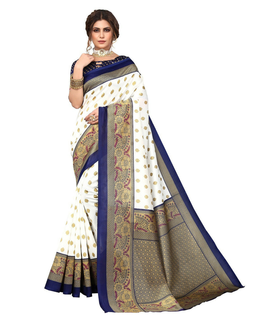 Vamika white & navy Printed Art Silk Saree