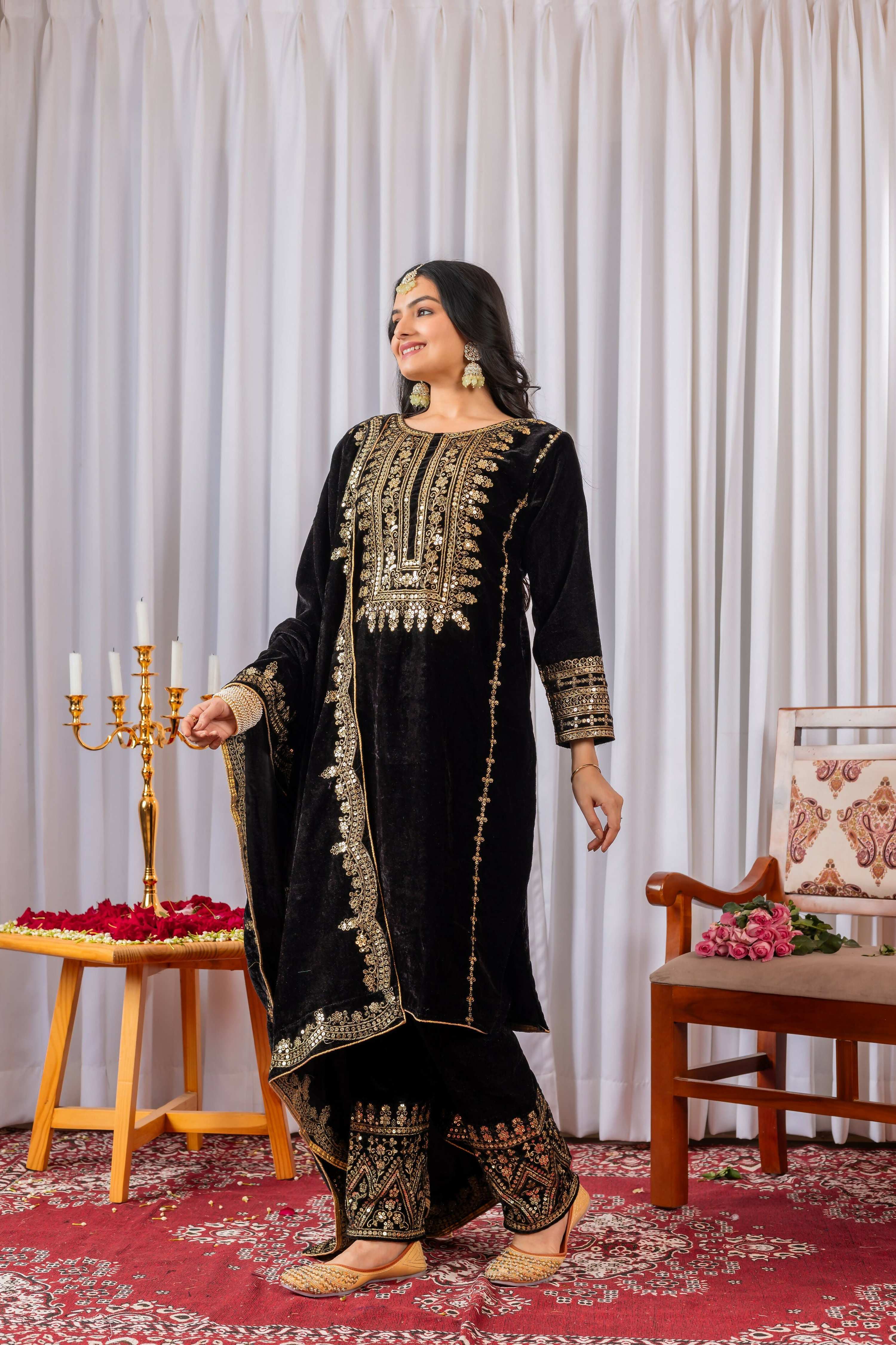 Teeya Creation Black Color Velvet Designer Embroidery Work party Wear Suit - Distacart