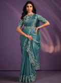 Rama Crepe Satin Silk Embroidered Saree With Stitched Blouse - Mohmanthan Exotica
