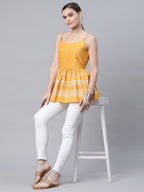 Ahalyaa Women Mustard Pure Cotton Porcian Print Shoulder Straps Tunic - Distacart