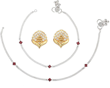 AanyaCentric Stylish Silver Plated Anklet & Gold-Polished American Diamond Earring Combo for Girls & Women