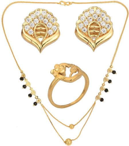 AanyaCentric Gold-Polished Jewelry Combo: Elegant Short Mangalsutra, Finger Ring, and American Diamond Earrings Set