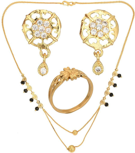 AanyaCentric Gold-Polished Jewelry Combo: Elegant Short Mangalsutra, Finger Ring, and American Diamond Earrings Set