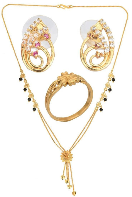 AanyaCentric Gold-Polished Jewelry Combo: Elegant Short Mangalsutra, Finger Ring, and American Diamond Earrings Set