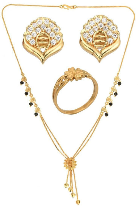 AanyaCentric Gold-Polished Jewelry Combo: Elegant Short Mangalsutra, Finger Ring, and American Diamond Earrings Set