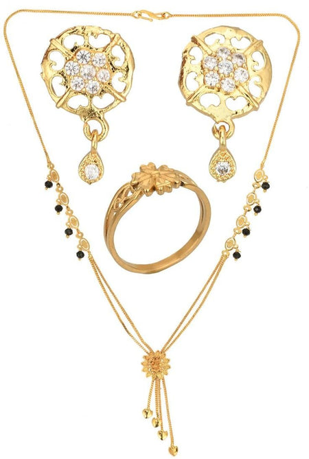 AanyaCentric Gold-Polished Jewelry Combo: Elegant Short Mangalsutra, Finger Ring, and American Diamond Earrings Set