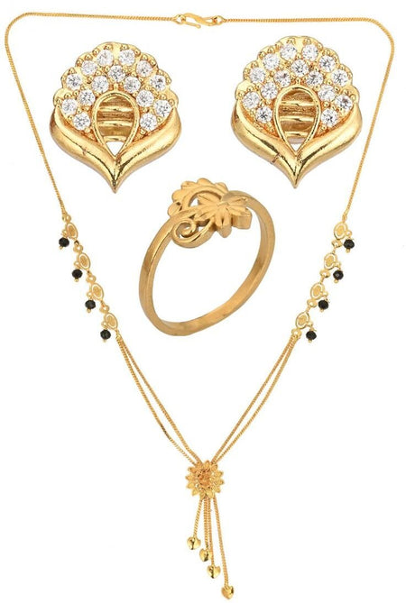 AanyaCentric Gold-Polished Jewelry Combo: Elegant Short Mangalsutra, Finger Ring, and American Diamond Earrings Set