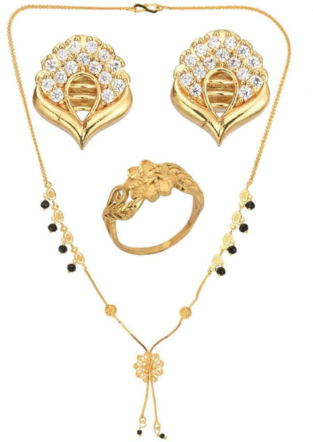 AanyaCentric Gold-Polished Jewelry Combo: Elegant Short Mangalsutra, Finger Ring, and American Diamond Earrings Set