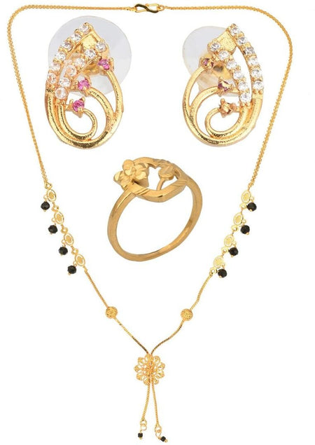 AanyaCentric Gold-Polished Jewelry Combo: Elegant Short Mangalsutra, Finger Ring, and American Diamond Earrings Set