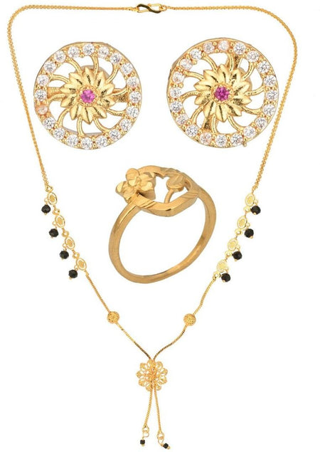 AanyaCentric Gold-Polished Jewelry Combo: Elegant Short Mangalsutra, Finger Ring, and American Diamond Earrings Set