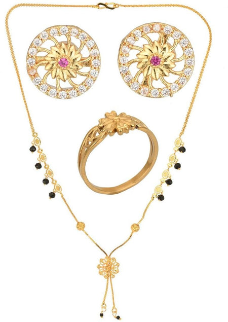 AanyaCentric Gold-Polished Jewelry Combo: Elegant Short Mangalsutra, Finger Ring, and American Diamond Earrings Set