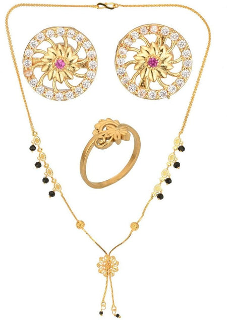 AanyaCentric Gold-Polished Jewelry Combo: Elegant Short Mangalsutra, Finger Ring, and American Diamond Earrings Set