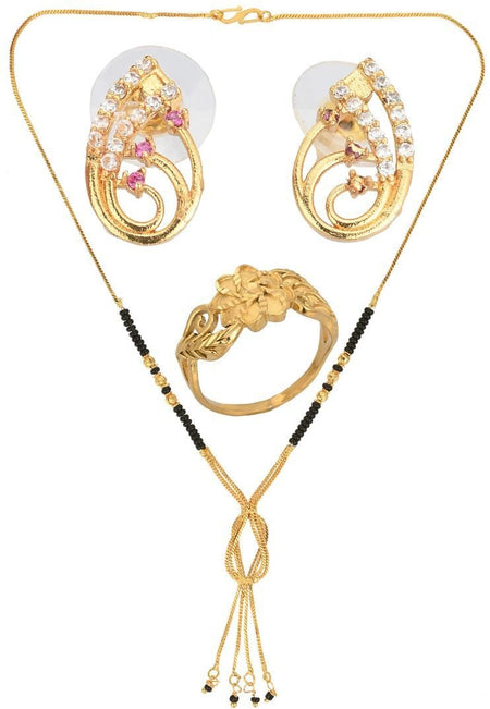 AanyaCentric Gold-Polished Jewelry Combo: Elegant Short Mangalsutra, Finger Ring, and American Diamond Earrings Set