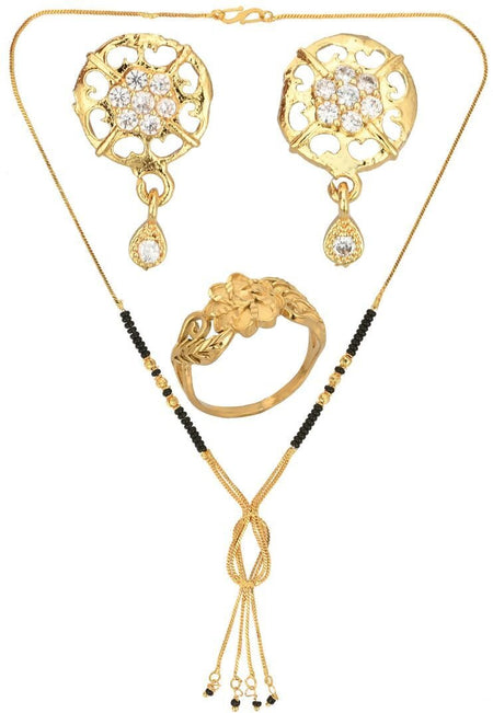 AanyaCentric Gold-Polished Jewelry Combo: Elegant Short Mangalsutra, Finger Ring, and American Diamond Earrings Set