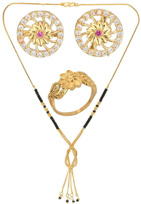 AanyaCentric Gold-Polished Jewelry Combo: Elegant Short Mangalsutra, Finger Ring, and American Diamond Earrings Set