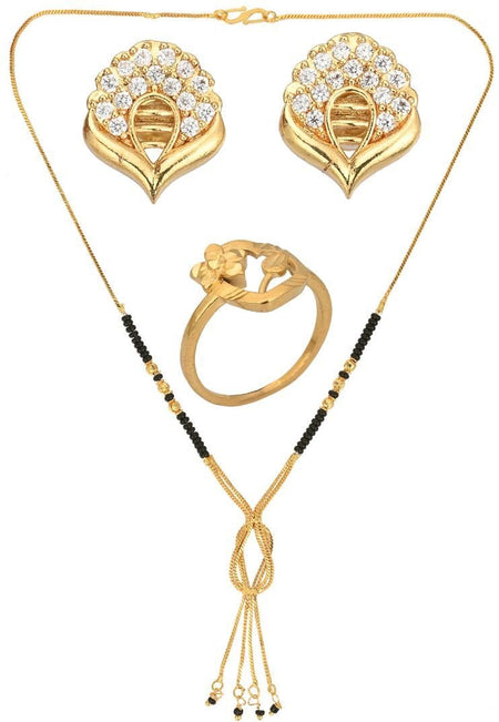 AanyaCentric Gold-Polished Jewelry Combo: Elegant Short Mangalsutra, Finger Ring, and American Diamond Earrings Set