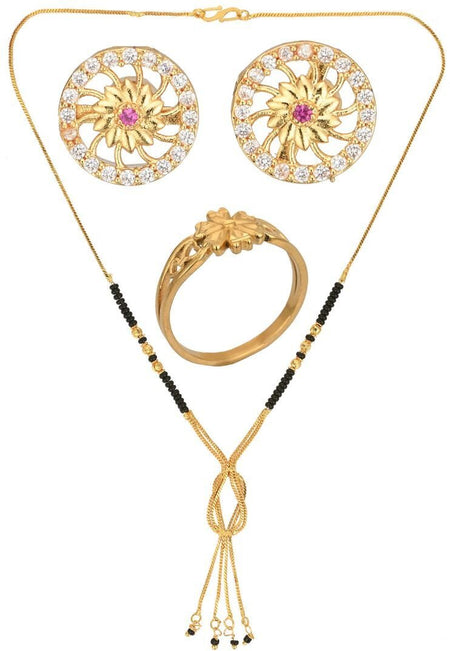 AanyaCentric Gold-Polished Jewelry Combo: Elegant Short Mangalsutra, Finger Ring, and American Diamond Earrings Set