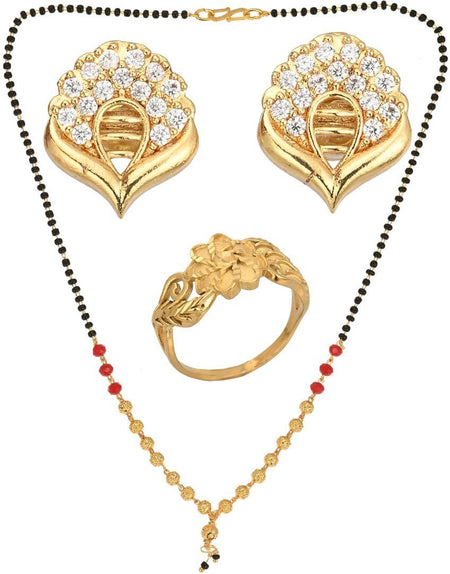 AanyaCentric Gold-Polished Jewelry Combo: Elegant Short Mangalsutra, Finger Ring, and American Diamond Earrings Set