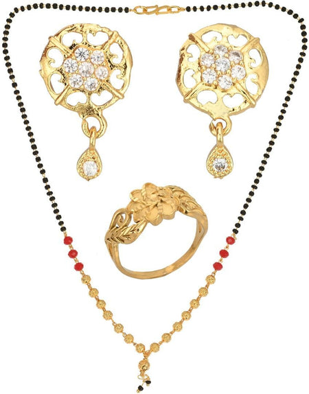 AanyaCentric Gold-Polished Jewelry Combo: Elegant Short Mangalsutra, Finger Ring, and American Diamond Earrings Set