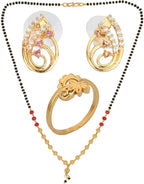 AanyaCentric Gold-plated Jewelry Combo: Elegant Short Mangalsutra, Finger Ring, and American Diamond Earrings Set - Distacart