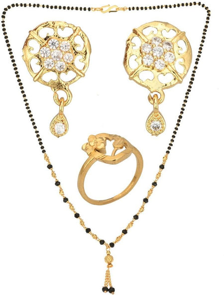 AanyaCentric Gold-Polished Jewelry Combo: Elegant Short Mangalsutra, Finger Ring, and American Diamond Earrings Set