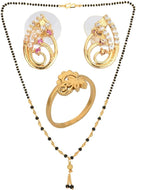 AanyaCentric Gold-plated Jewelry Combo: Elegant Short Mangalsutra, Finger Ring, and American Diamond Earrings Set - Distacart