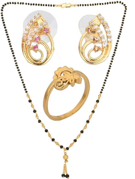 AanyaCentric Gold-Polished Jewelry Combo: Elegant Short Mangalsutra, Finger Ring, and American Diamond Earrings Set