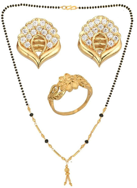 AanyaCentric Gold-Polished Jewelry Combo: Elegant Short Mangalsutra, Finger Ring, and American Diamond Earrings Set