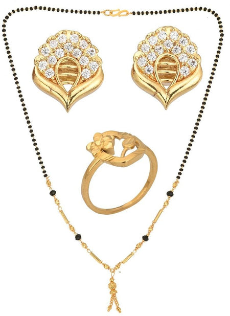 AanyaCentric Gold-Polished Jewelry Combo: Elegant Short Mangalsutra, Finger Ring, and American Diamond Earrings Set
