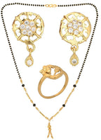 AanyaCentric Gold-plated Jewelry Combo: Elegant Short Mangalsutra, Finger Ring, and American Diamond Earrings Set - Distacart