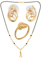 AanyaCentric Gold-plated Jewelry Combo: Elegant Short Mangalsutra, Finger Ring, and American Diamond Earrings Set - Distacart