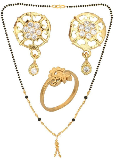 AanyaCentric Gold-Polished Jewelry Combo: Elegant Short Mangalsutra, Finger Ring, and American Diamond Earrings Set