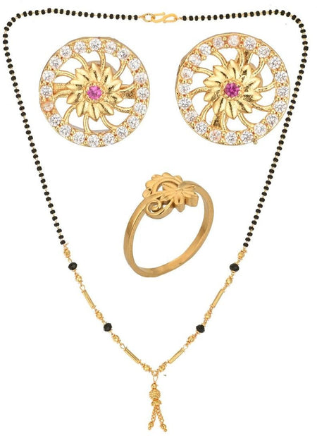 AanyaCentric Gold-Polished Jewelry Combo: Elegant Short Mangalsutra, Finger Ring, and American Diamond Earrings Set