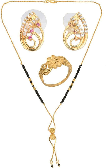 AanyaCentric Gold-Polished Jewelry Combo: Elegant Short Mangalsutra, Finger Ring, and American Diamond Earrings Set