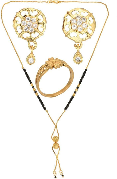 AanyaCentric Gold-Polished Jewelry Combo: Elegant Short Mangalsutra, Finger Ring, and American Diamond Earrings Set