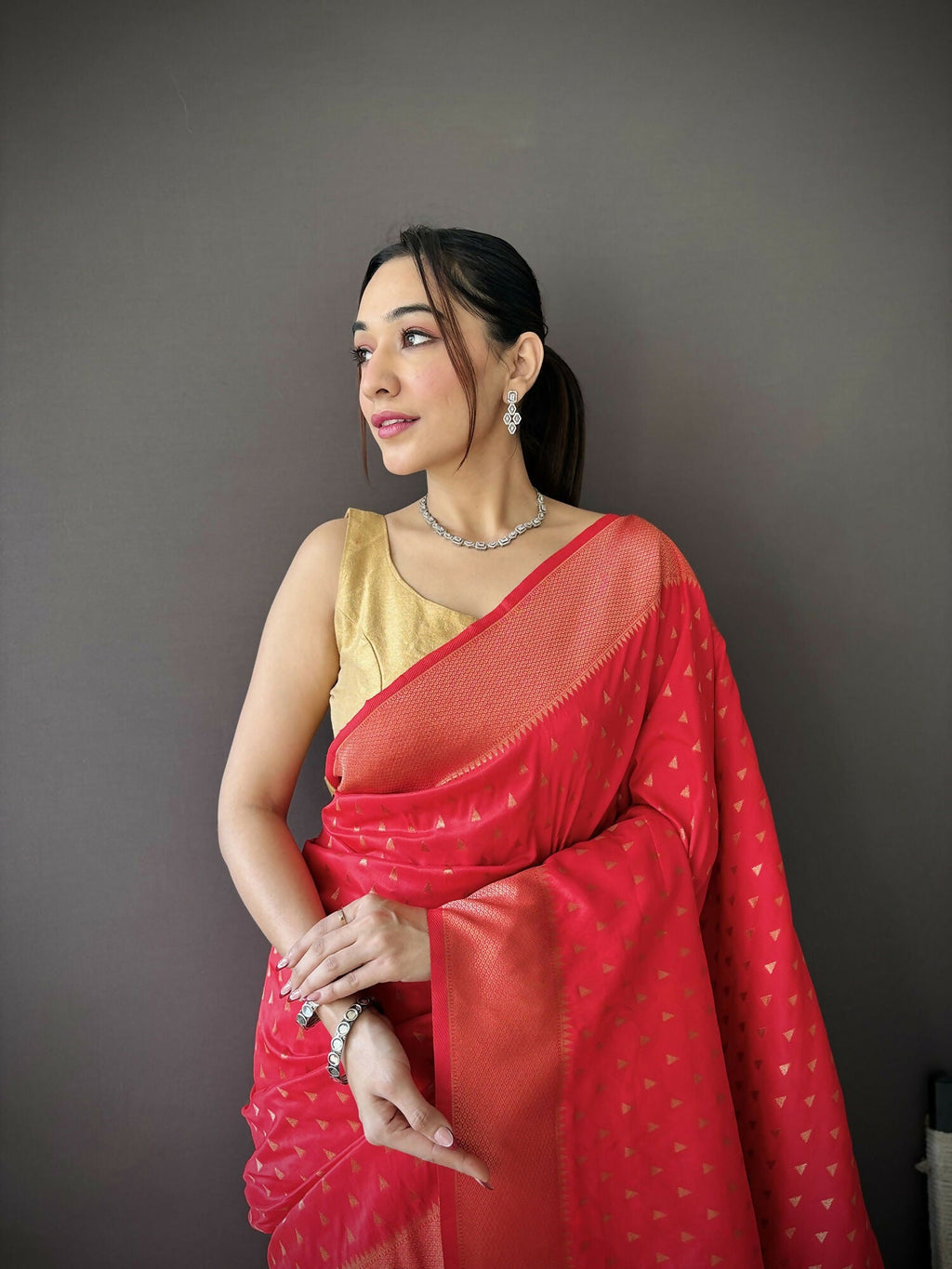 Joban Fashion Red Jacquard Butti Soft Lichi Silk Paithani Saree - Distacart