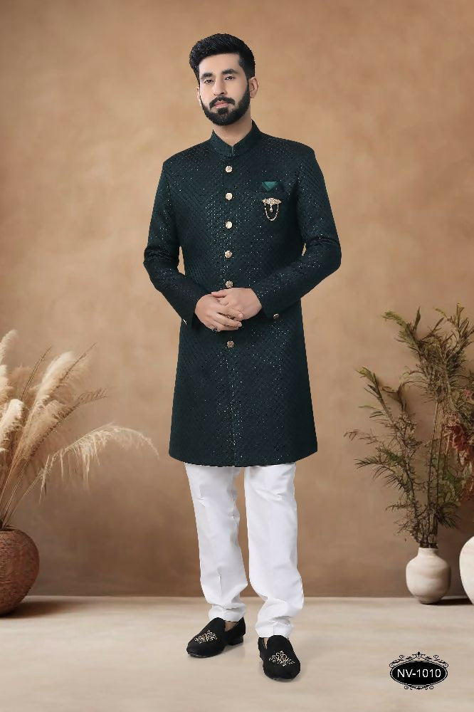 Joban Fashion Men's Green Straight Silk Thread & Sequence Embroidery All Over Indo-Western Kurta Set