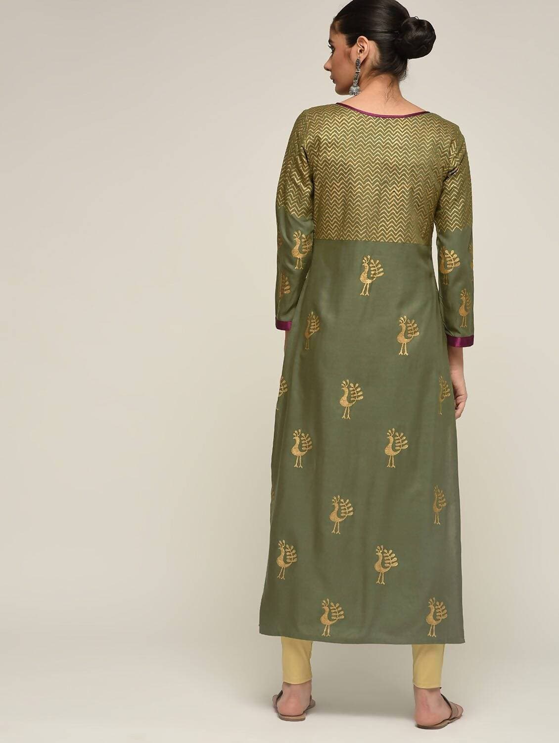 Cheera Hand Block Print Olive green Anarkali Kurta (MAAI-066K)