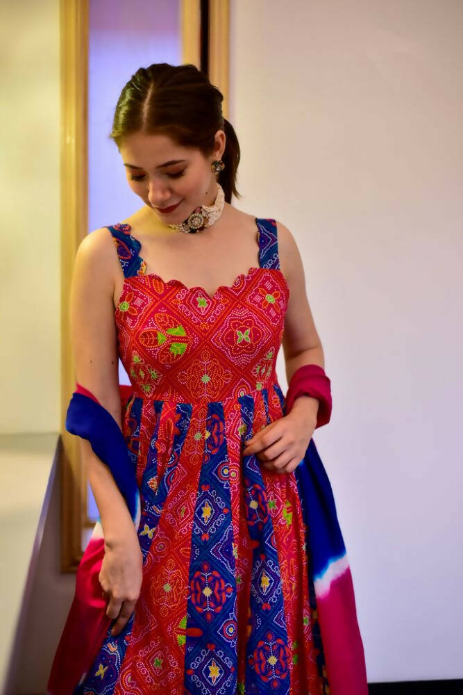 Everywhere Designer Blue & Red Silk Cotton Stitched Suit With Dupatta - Anbazaar - Distacart