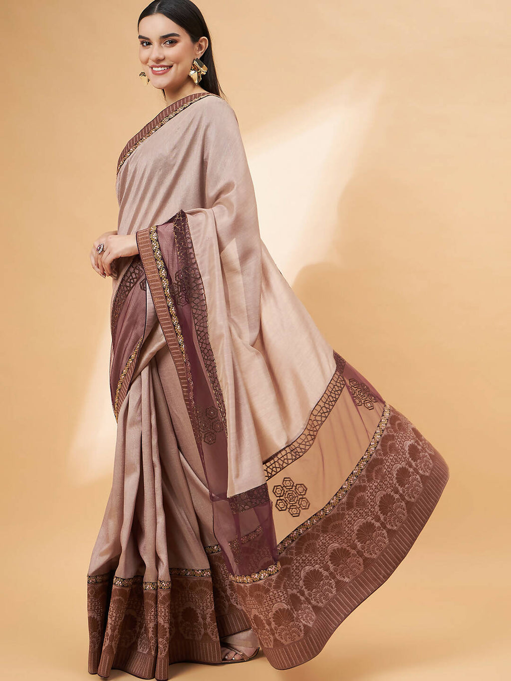 Beige, Purple Tussar Silk Zari, Thread And Cord Embroidery, Laser Cut Applique Saree - Norita Hit Design