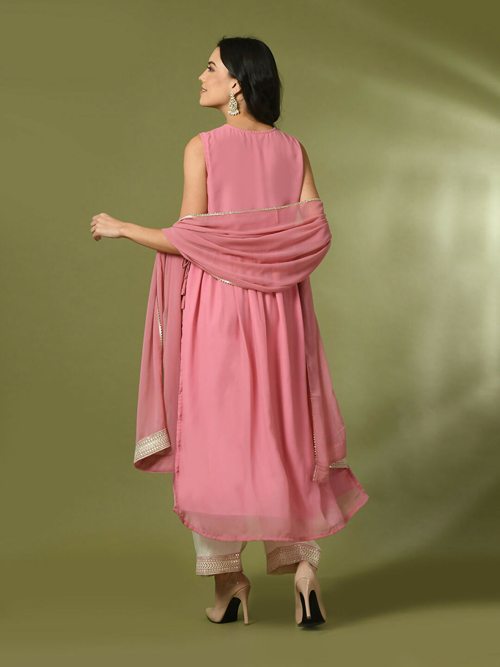 Myshka Women's Pink Solid Georgette Anarkali Party Kurta Set With Dupatta