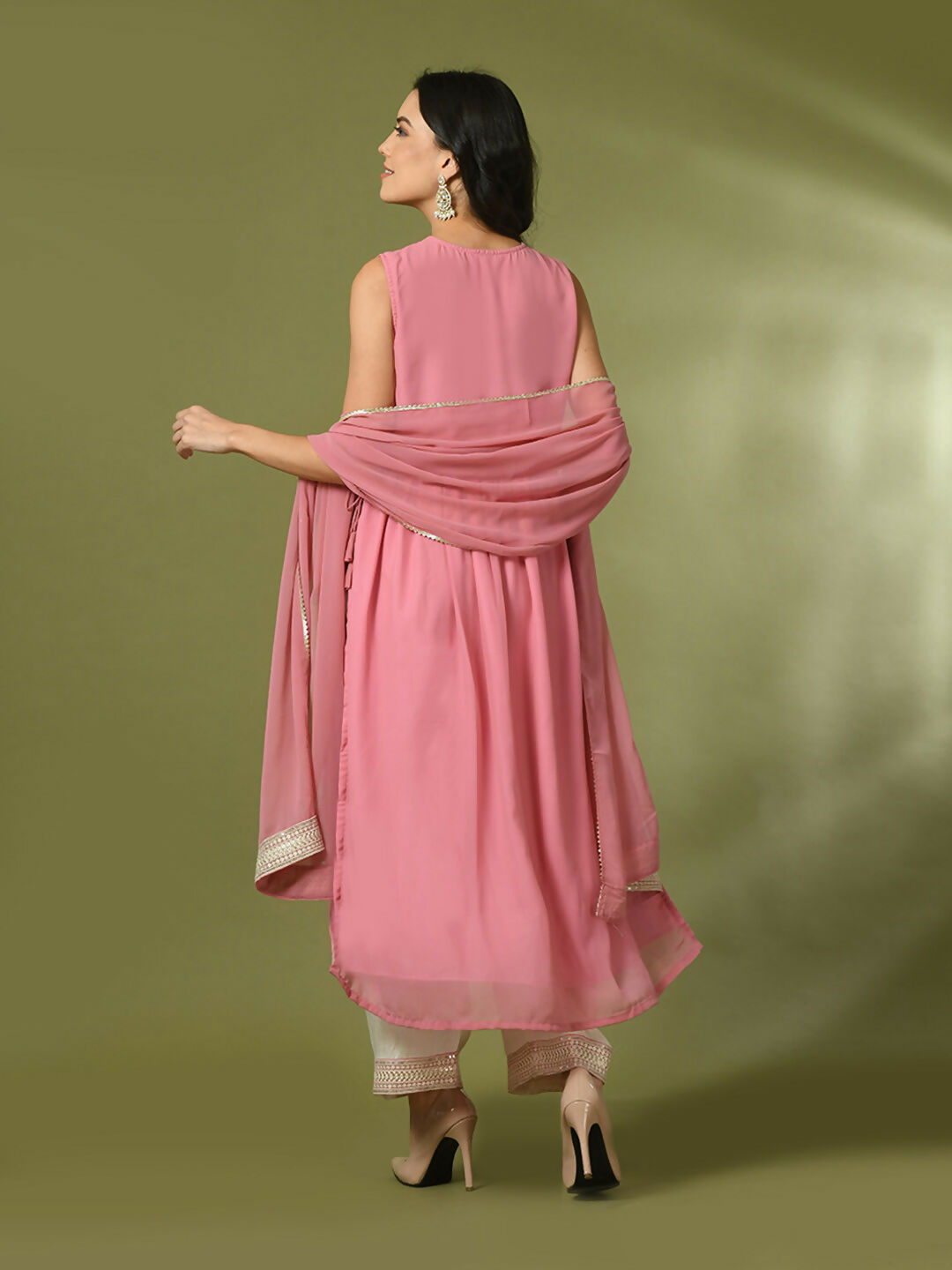 Myshka Women's Pink Solid Georgette Anarkali Party Kurta Set With Dupatta