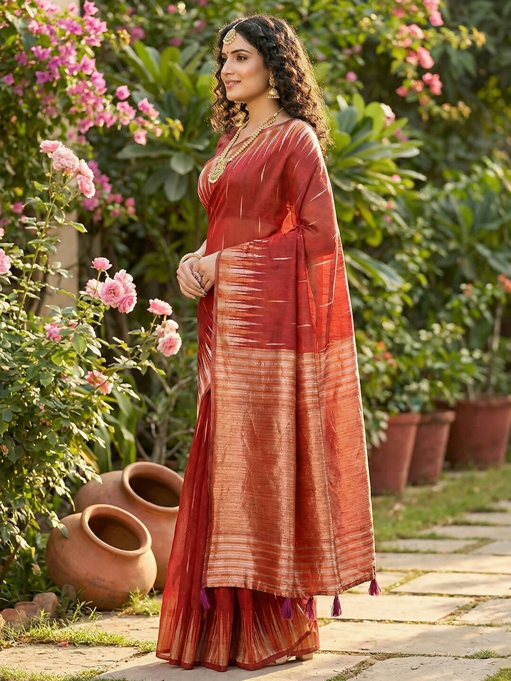 Shree Shyam Fashion Red Linen Cotton Saree - Distacart