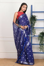 Very Much Indian Handmade Tie And Dye Cotton Saree By Women Weavers - Indigo Blue - Distacart